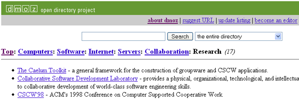 Abbildung 3.2.3.a : DMOZ - Kategorie Kollaboration/Forschung